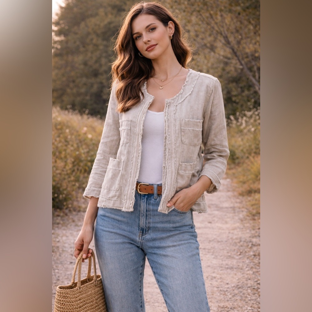 Conbipel Beige Linen Blend Frayed Trim Open Front Jacket Boho Size S [000000]